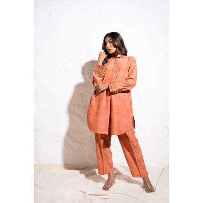 The White Tree Studio Carrot Red Handwoven Cotton Embroidered Co-ord (Set of 2)