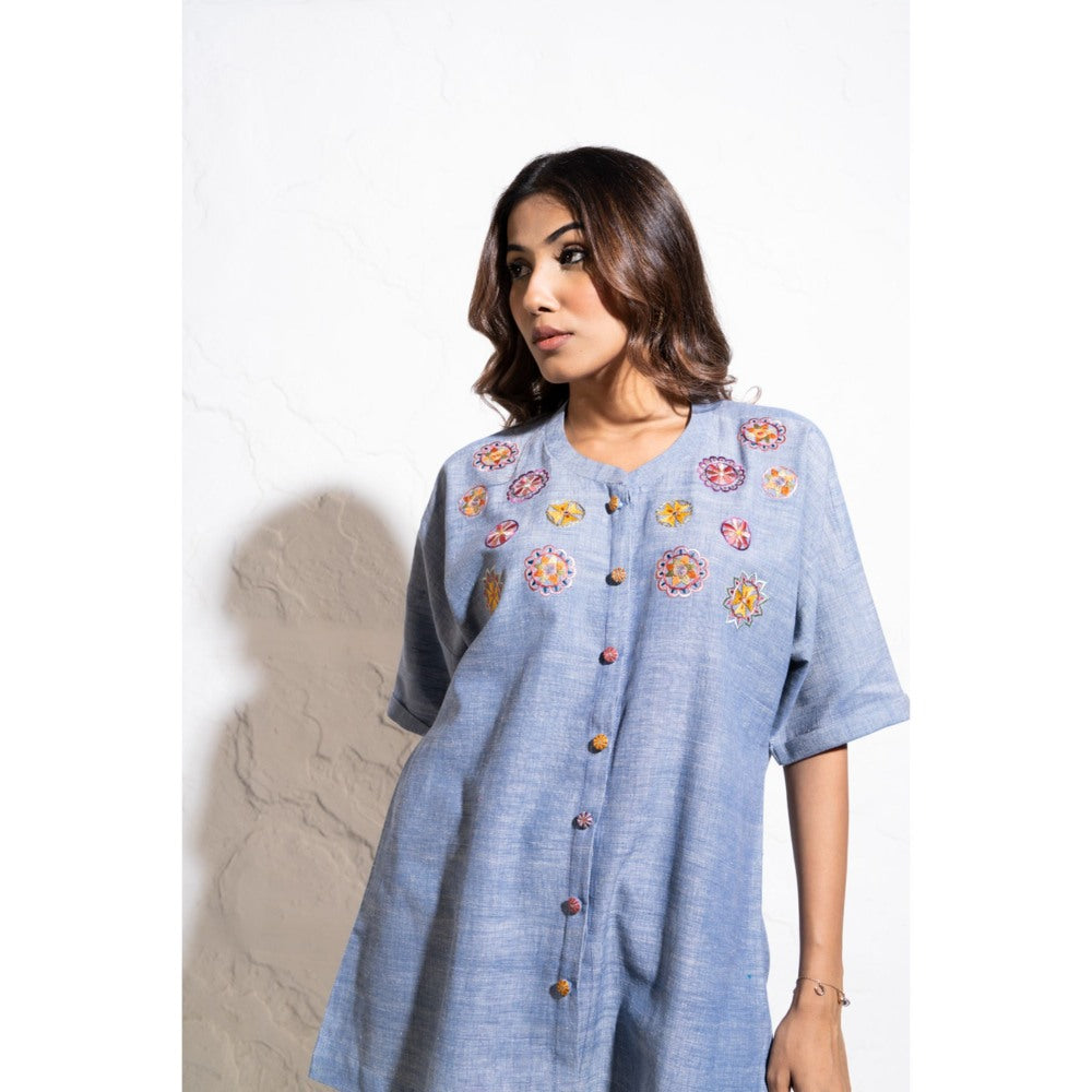 The White Tree Studio Denim Blue Handwoven Cotton Embroidered Co-ord (Set of 2)