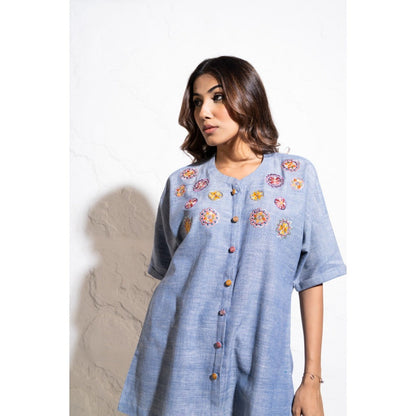 The White Tree Studio Denim Blue Handwoven Cotton Embroidered Co-ord (Set of 2)