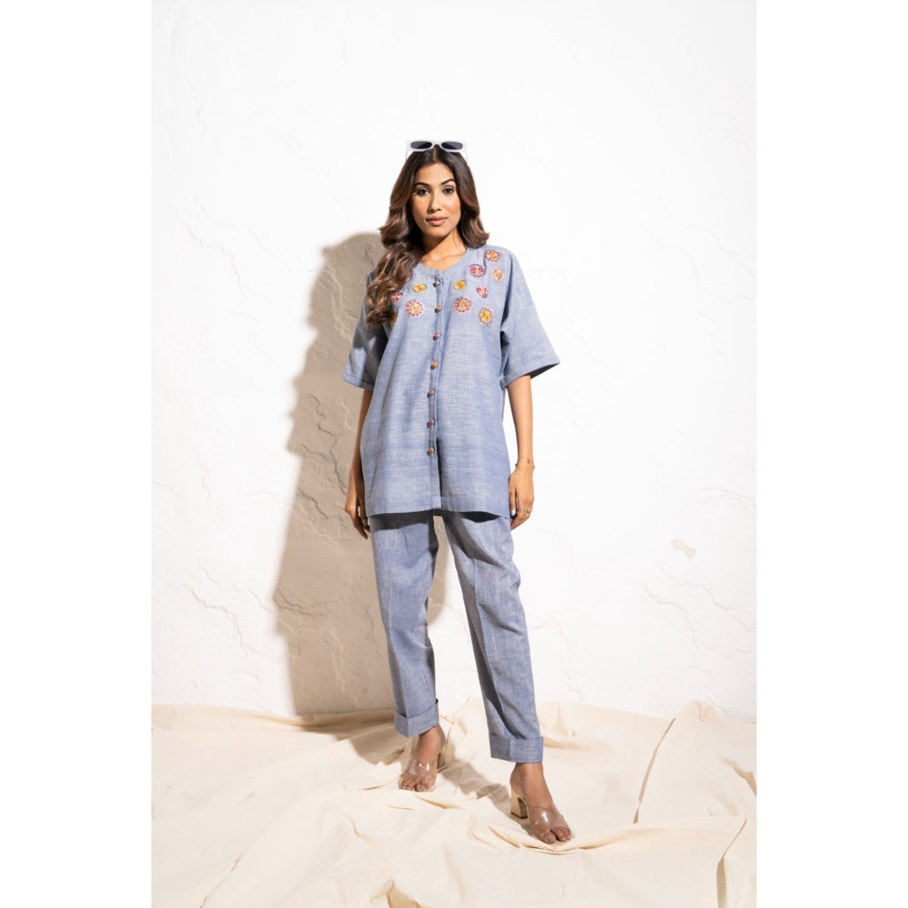 The White Tree Studio Denim Blue Handwoven Cotton Embroidered Co-ord (Set of 2)