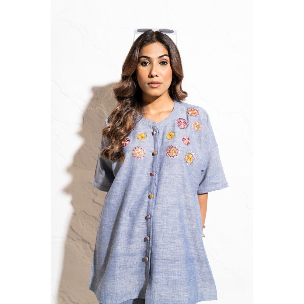 The White Tree Studio Denim Blue Handwoven Cotton Embroidered Co-ord (Set of 2)