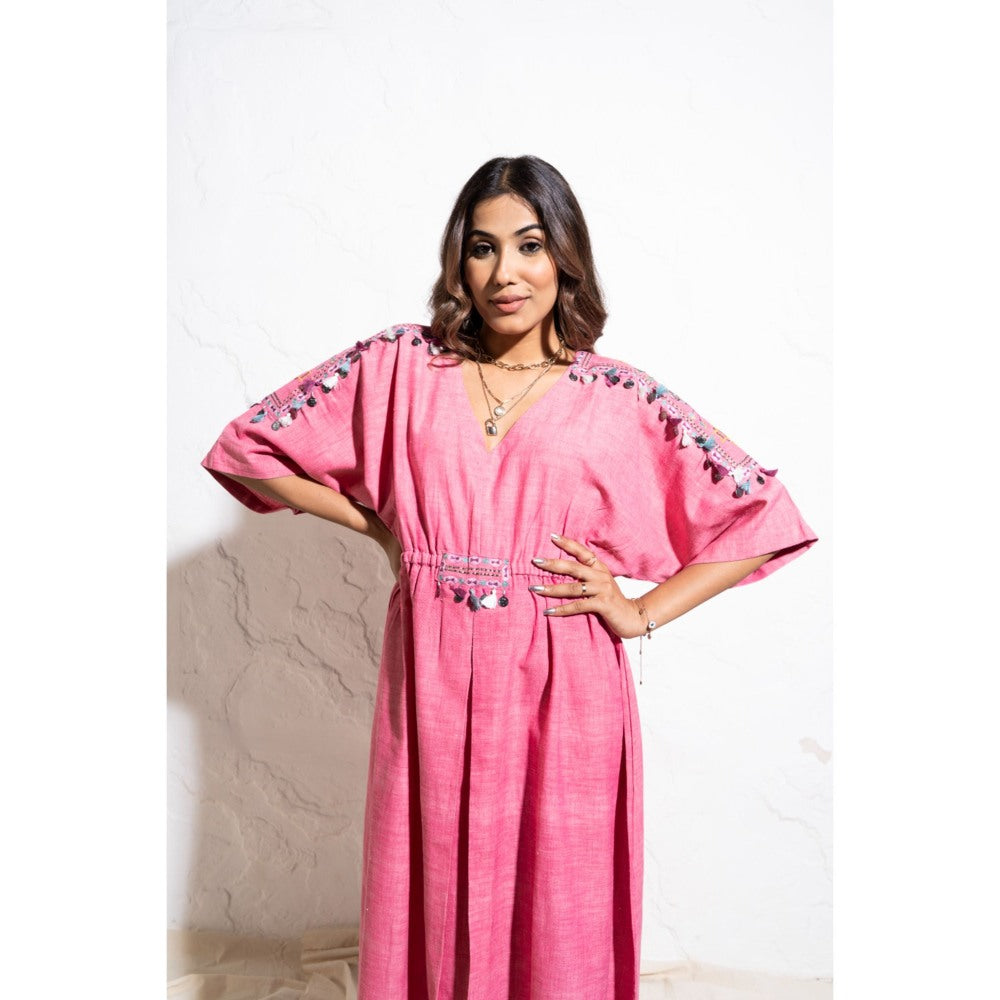 The White Tree Studio Berry Pink Handwoven Cotton Kaftan Maxi Dress