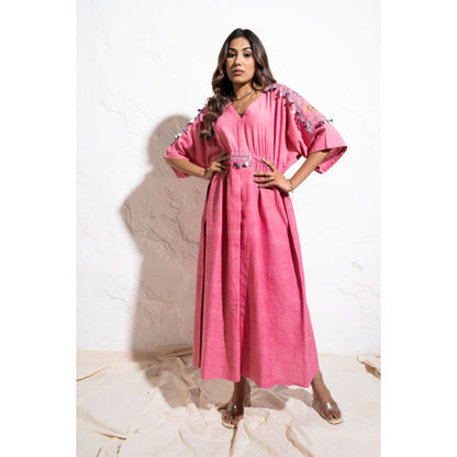 The White Tree Studio Berry Pink Handwoven Cotton Kaftan Maxi Dress