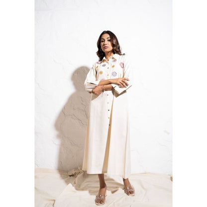 The White Tree Studio Off-white Handwoven Cotton Embroidered Shift Midi Dress