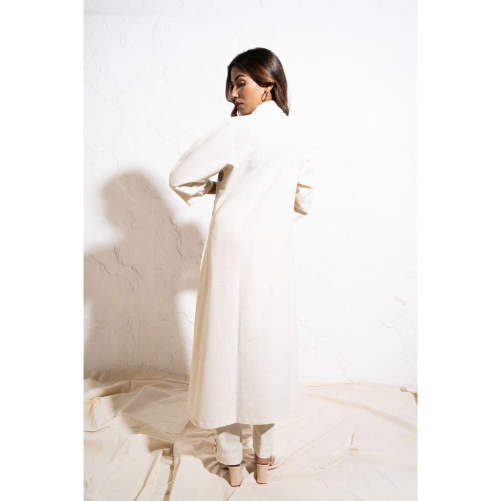 The White Tree Studio Off-white Handwoven Cotton Embroidered Shift Midi Dress