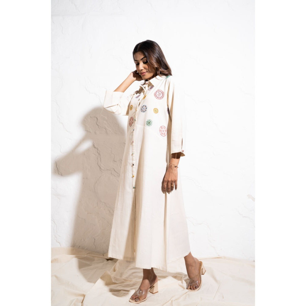 The White Tree Studio Off-white Handwoven Cotton Embroidered Shift Midi Dress