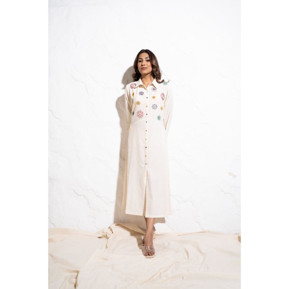 The White Tree Studio Off-white Handwoven Cotton Embroidered Shift Midi Dress