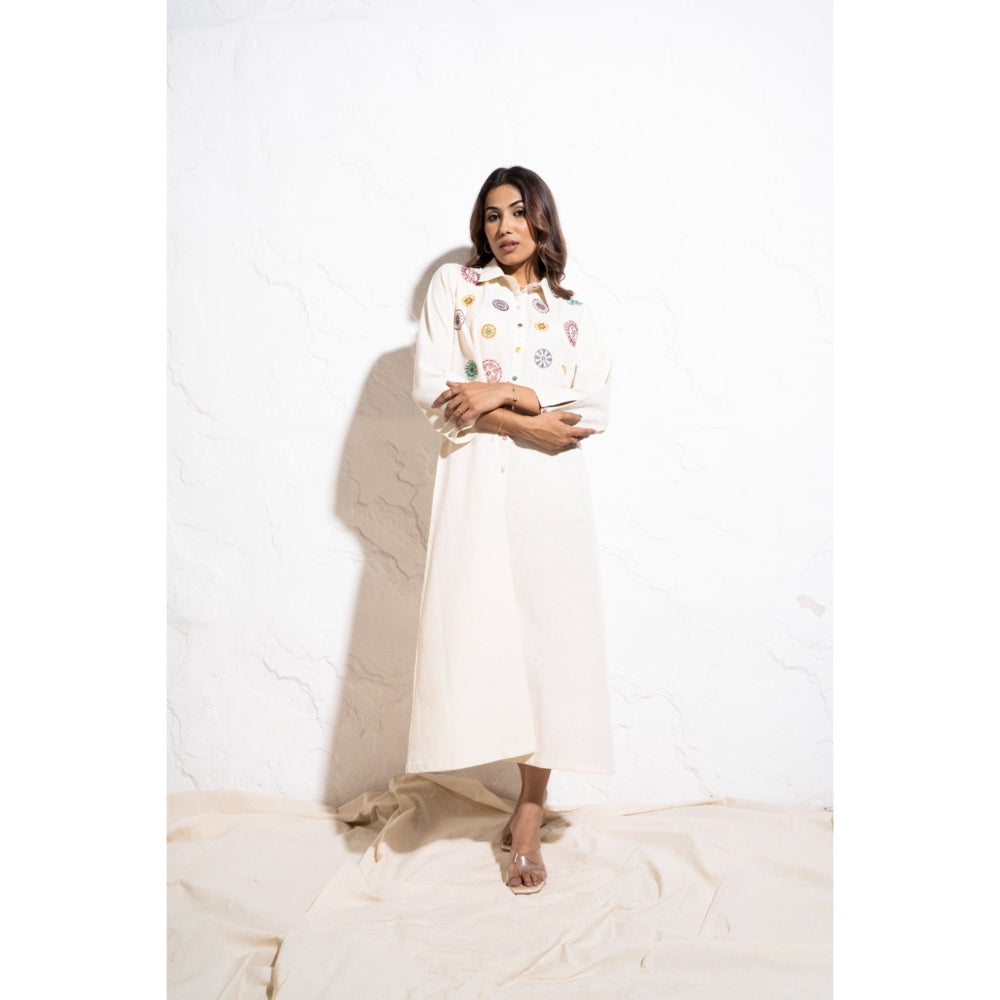 The White Tree Studio Off-white Handwoven Cotton Embroidered Shift Midi Dress
