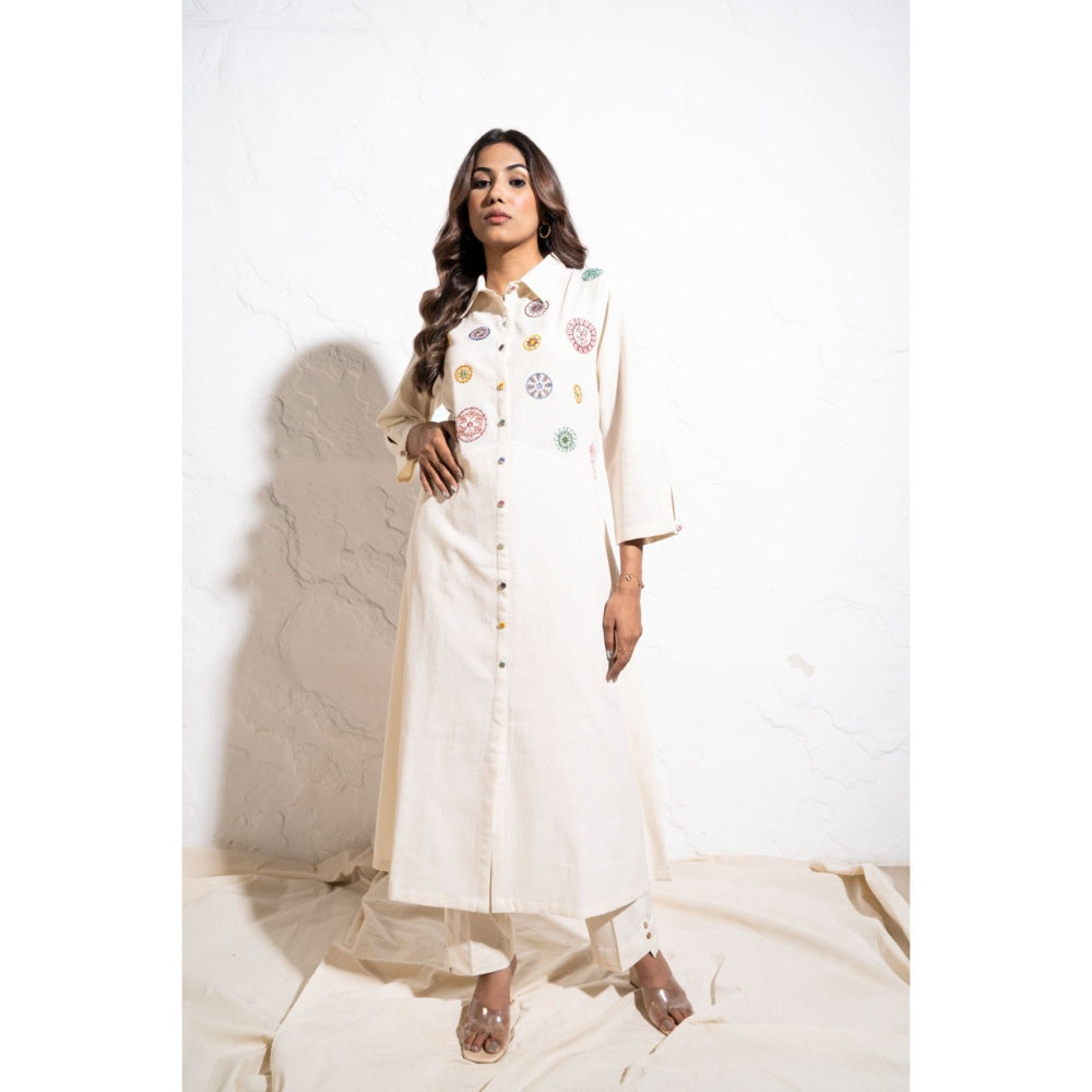 The White Tree Studio Off-white Handwoven Cotton Embroidered Shift Midi Dress