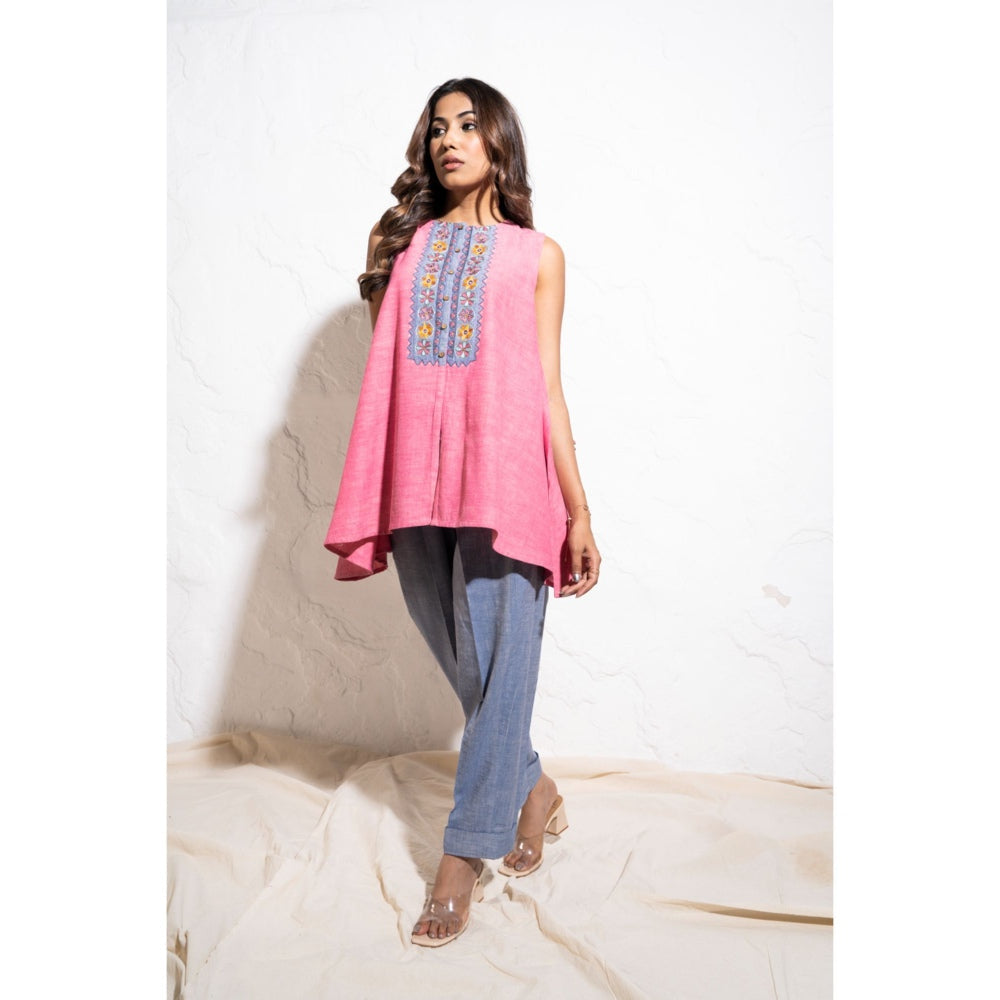 The White Tree Studio Embroidered Yoke Handwoven Cotton Berry Pink Top