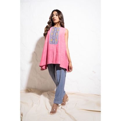 The White Tree Studio Embroidered Yoke Handwoven Cotton Berry Pink Top
