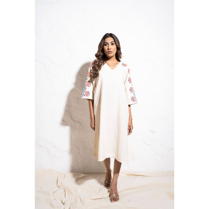 The White Tree Studio Off-white Handwoven Embroidered Cotton Midi Dress