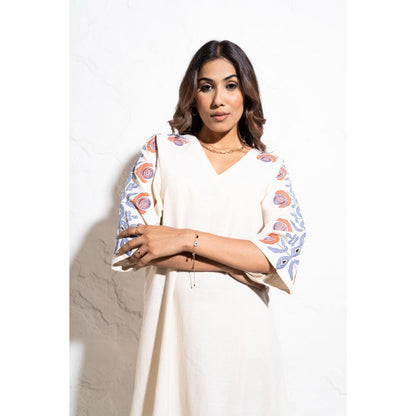The White Tree Studio Off-white Handwoven Embroidered Cotton Midi Dress