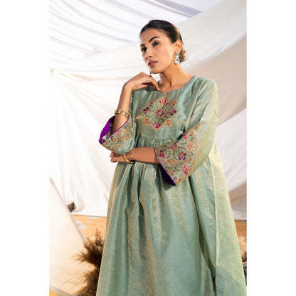 The White Tree Studio Green Handloom Zari Embroidered Kurta with Pant & Inner (Set of 3)