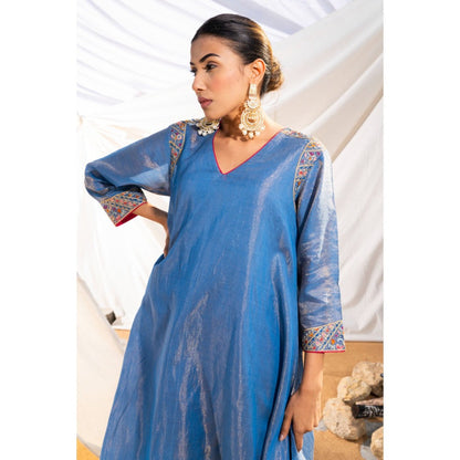 The White Tree Studio Blue Handloom Zari Embroidered Kurta with Pant & Inner (Set of 3)