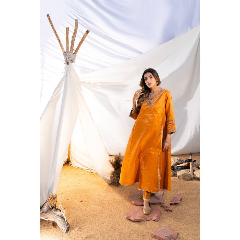The White Tree Studio Rust Handloom Zari Embroidered Kurta with Pant & Inner (Set of 3)