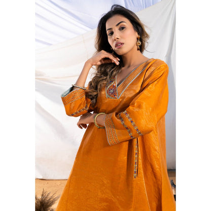 The White Tree Studio Rust Handloom Zari Embroidered Kurta with Pant & Inner (Set of 3)