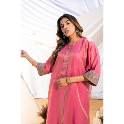 The White Tree Studio Pink Handloom Zari Embroidered Kurta with Pant & Inner (Set of 3)
