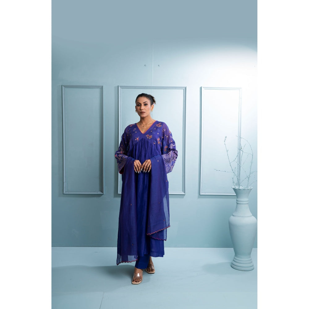 The White Tree Studio Blue Pleated V Neck Kurta with Pant and Dupatta (Set of 3)