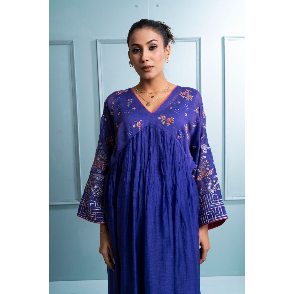 The White Tree Studio Blue Pleated V Neck Kurta with Pant and Dupatta (Set of 3)