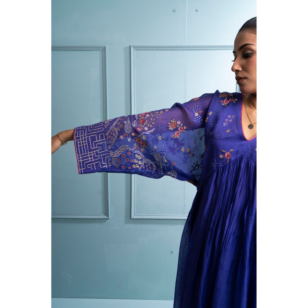 The White Tree Studio Blue Pleated V Neck Kurta with Pant and Dupatta (Set of 3)