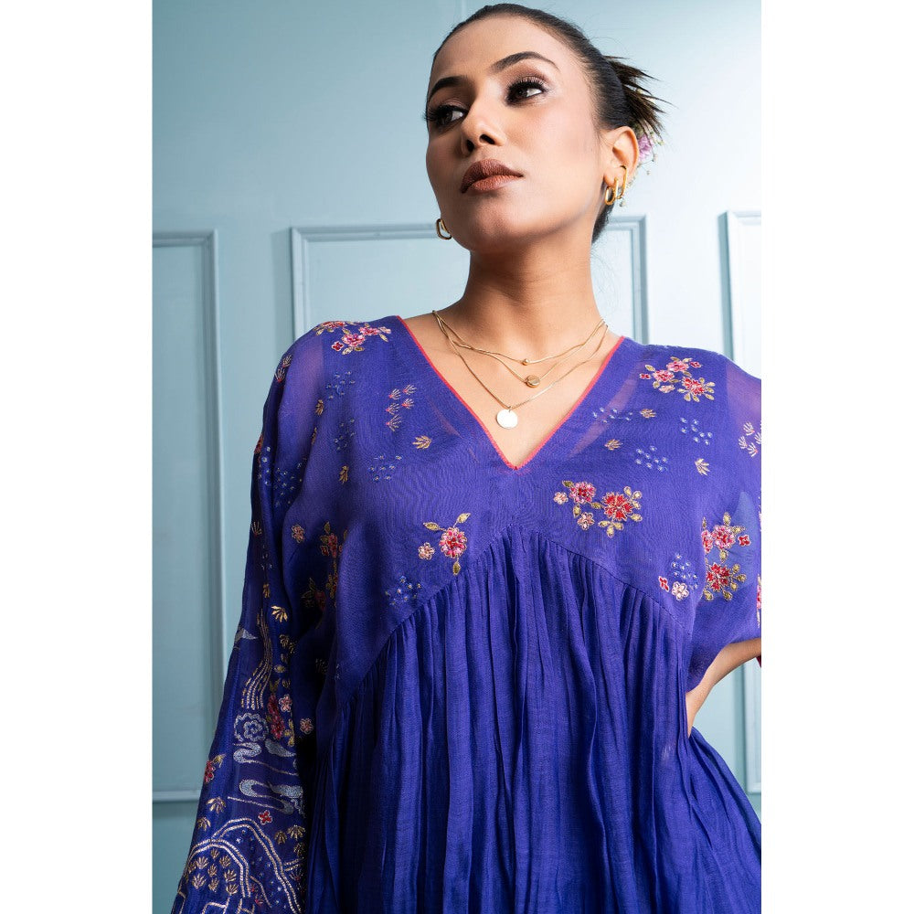 The White Tree Studio Blue Pleated V Neck Kurta with Pant and Dupatta (Set of 3)