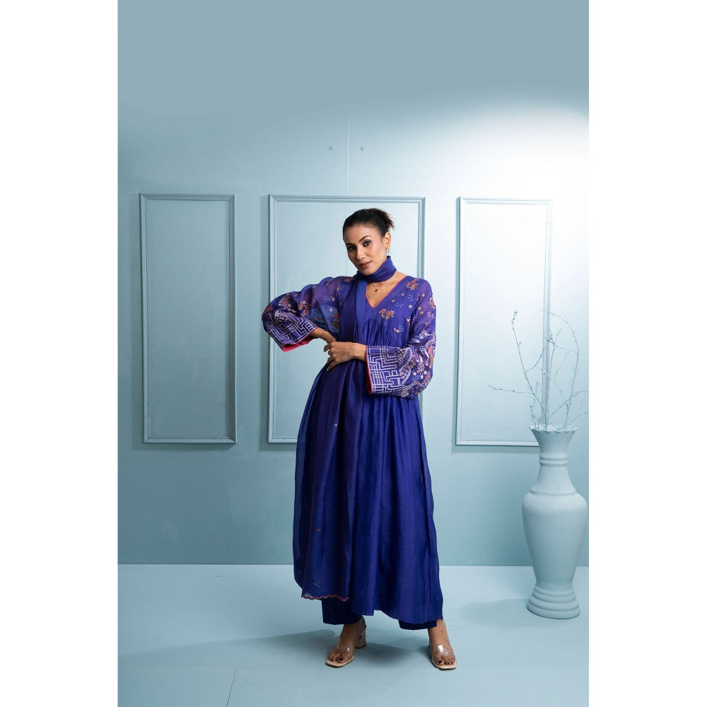 The White Tree Studio Blue Pleated V Neck Kurta with Pant and Dupatta (Set of 3)