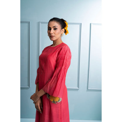 The White Tree Studio Pink Pintuck Kurta with Inner, Pant and Dupatta (Set of 4)