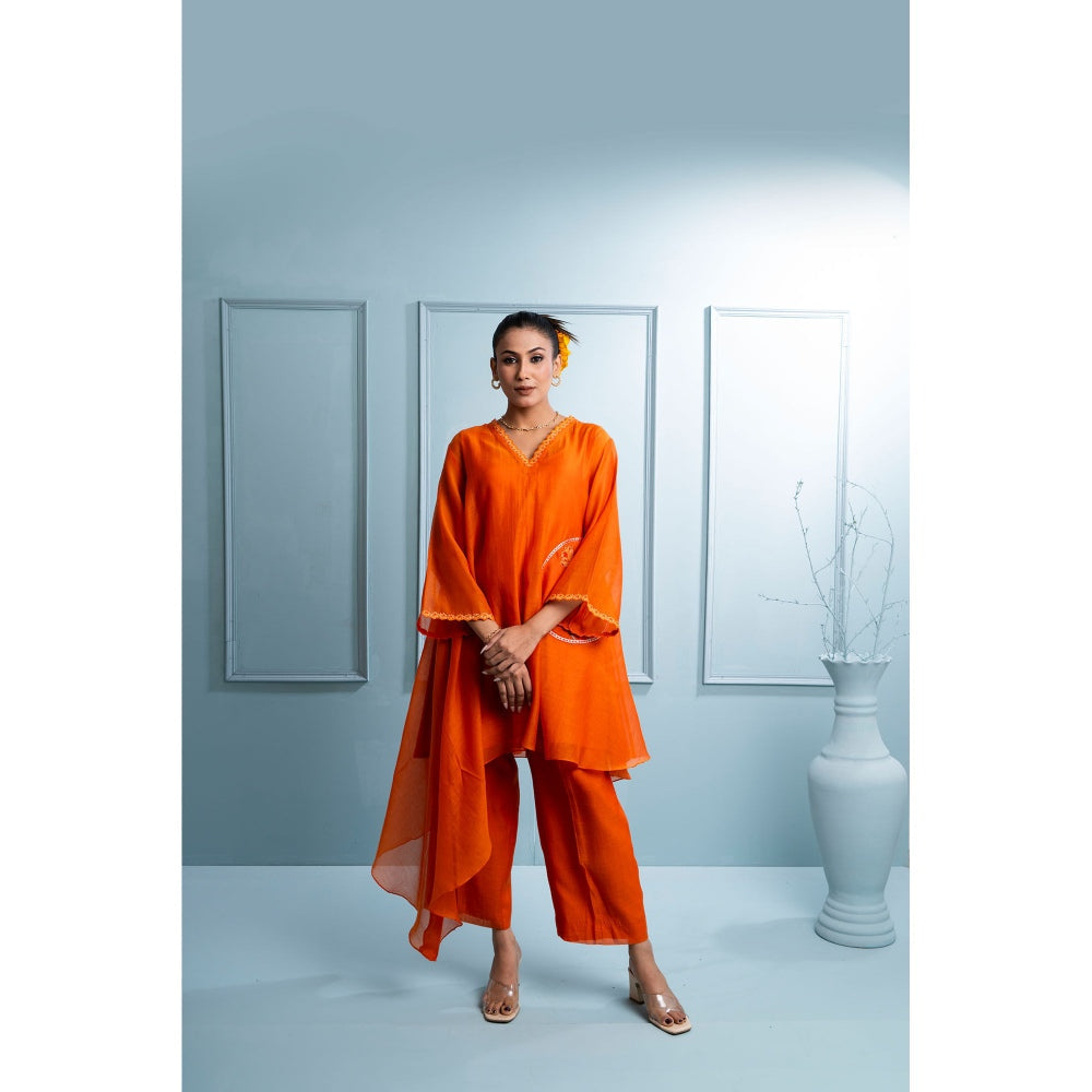 The White Tree Studio Orange Asymmetrical Kurta with Palazzo and Inner (Set of 3)
