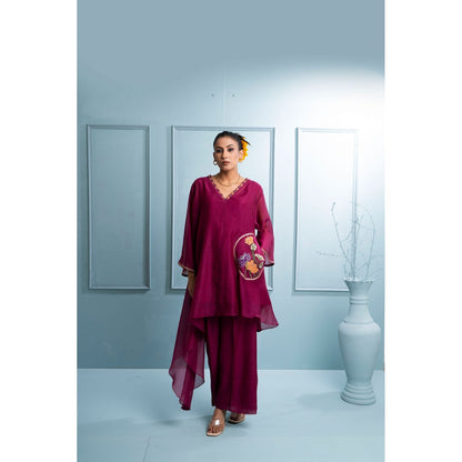 The White Tree Studio Burgundy Asymmetrical Kurta with Palazzo and Inner (Set of 3)