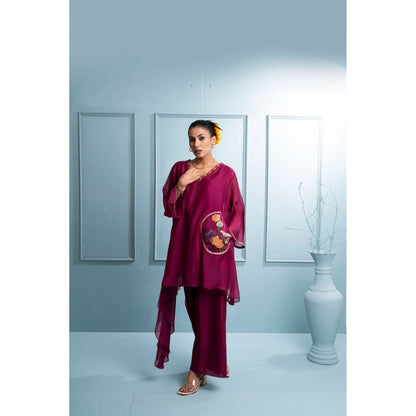 The White Tree Studio Burgundy Asymmetrical Kurta with Palazzo and Inner (Set of 3)