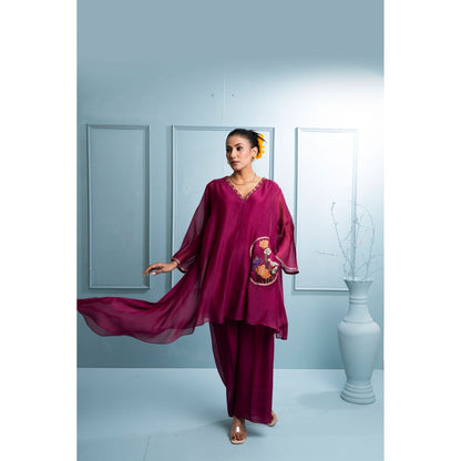 The White Tree Studio Burgundy Asymmetrical Kurta with Palazzo and Inner (Set of 3)