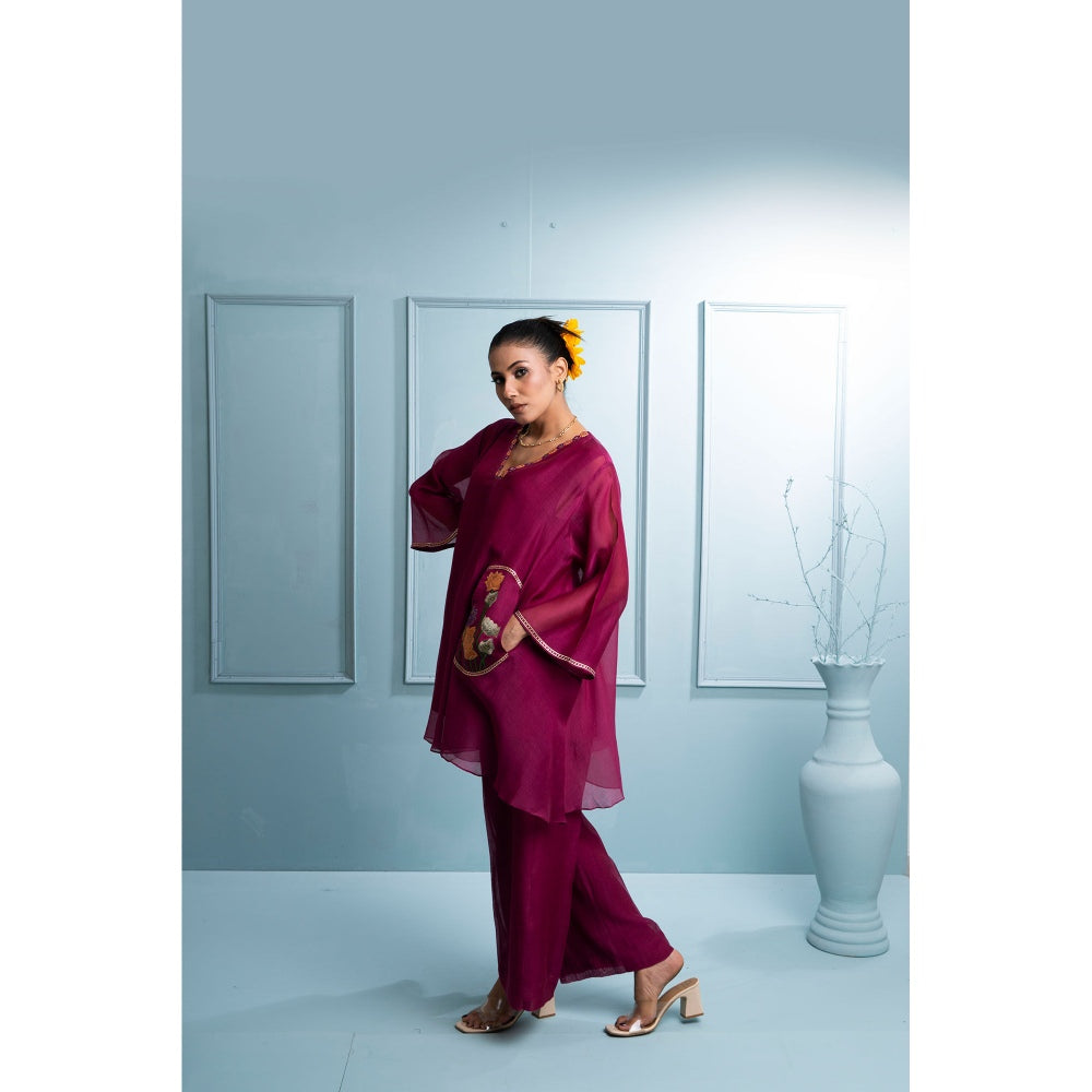 The White Tree Studio Burgundy Asymmetrical Kurta with Palazzo and Inner (Set of 3)