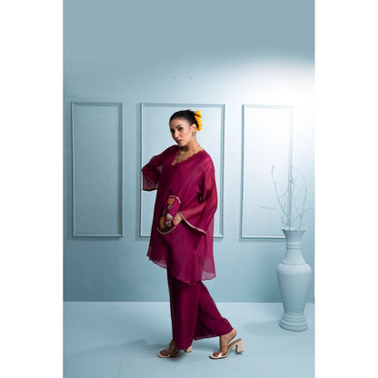 The White Tree Studio Burgundy Asymmetrical Kurta with Palazzo and Inner (Set of 3)