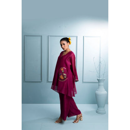 The White Tree Studio Burgundy Asymmetrical Kurta with Palazzo and Inner (Set of 3)