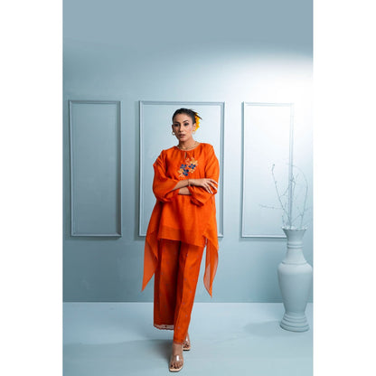 The White Tree Studio Orange Asymmetrical Kurti with Palazzo and Inner (Set of 3)