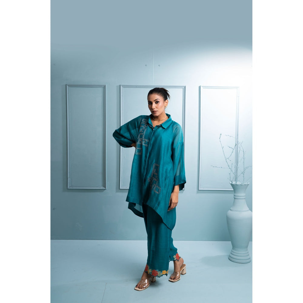 The White Tree Studio Teal Chanderi Asymmetric Co-Ord (Set of 3)