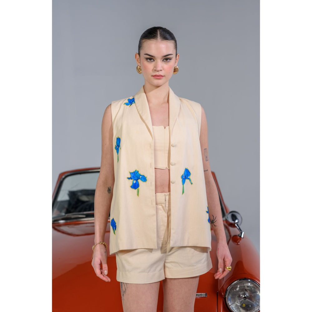 The Dramebaaz Company Floral Blue-Bell Appliqua Shorts with Blazer and Bustier (Set of 3)