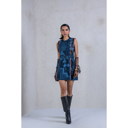 The Dramebaaz Company Navy Blue Tropica Column Dress with Belt (Set of 2)