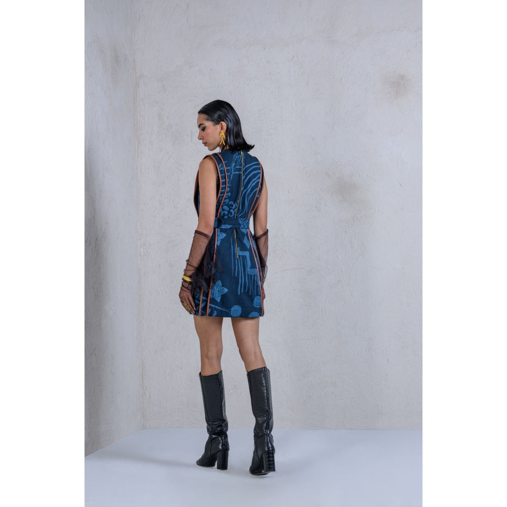 The Dramebaaz Company Navy Blue Tropica Column Dress with Belt (Set of 2)