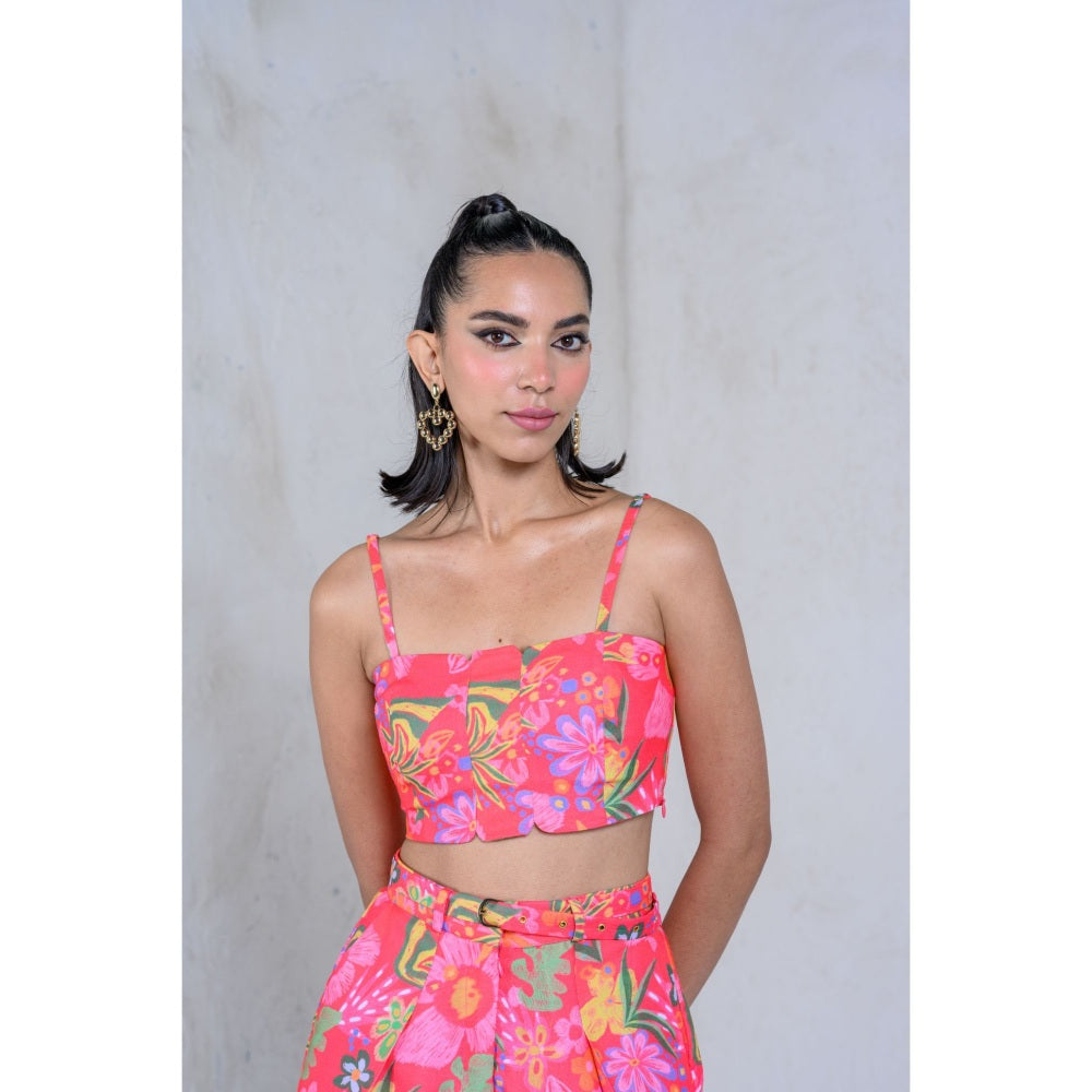 The Dramebaaz Company Blush Foxglove Shirt with Bustier and Shorts (Set of 3)