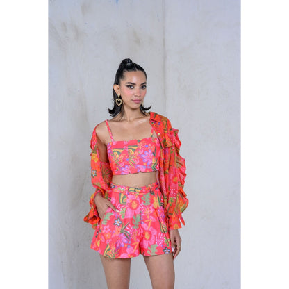 The Dramebaaz Company Blush Foxglove Shirt with Bustier and Shorts (Set of 3)