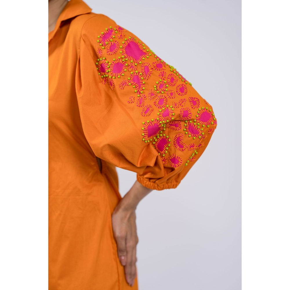 The Dramebaaz Company Tangerine Embroidered Shirt Dress