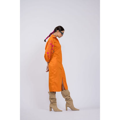 The Dramebaaz Company Tangerine Embroidered Shirt Dress