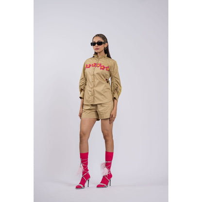 The Dramebaaz Company Petal Poetry Beige Shirt with Shorts (Set of 2)