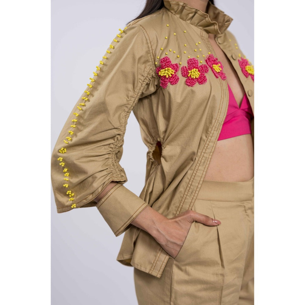 The Dramebaaz Company Petal Poetry Beige Shirt with Shorts (Set of 2)