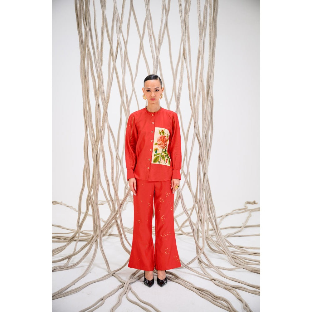 The Dramebaaz Company Red Roselle Floral Print Shirt and Pant (Set of 2)