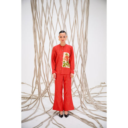 The Dramebaaz Company Red Roselle Floral Print Shirt and Pant (Set of 2)