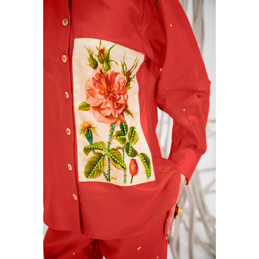 The Dramebaaz Company Red Roselle Floral Print Shirt and Pant (Set of 2)