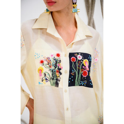 The Dramebaaz Company Ivory Pop Embellished Shirt and Pant (Set of 2)